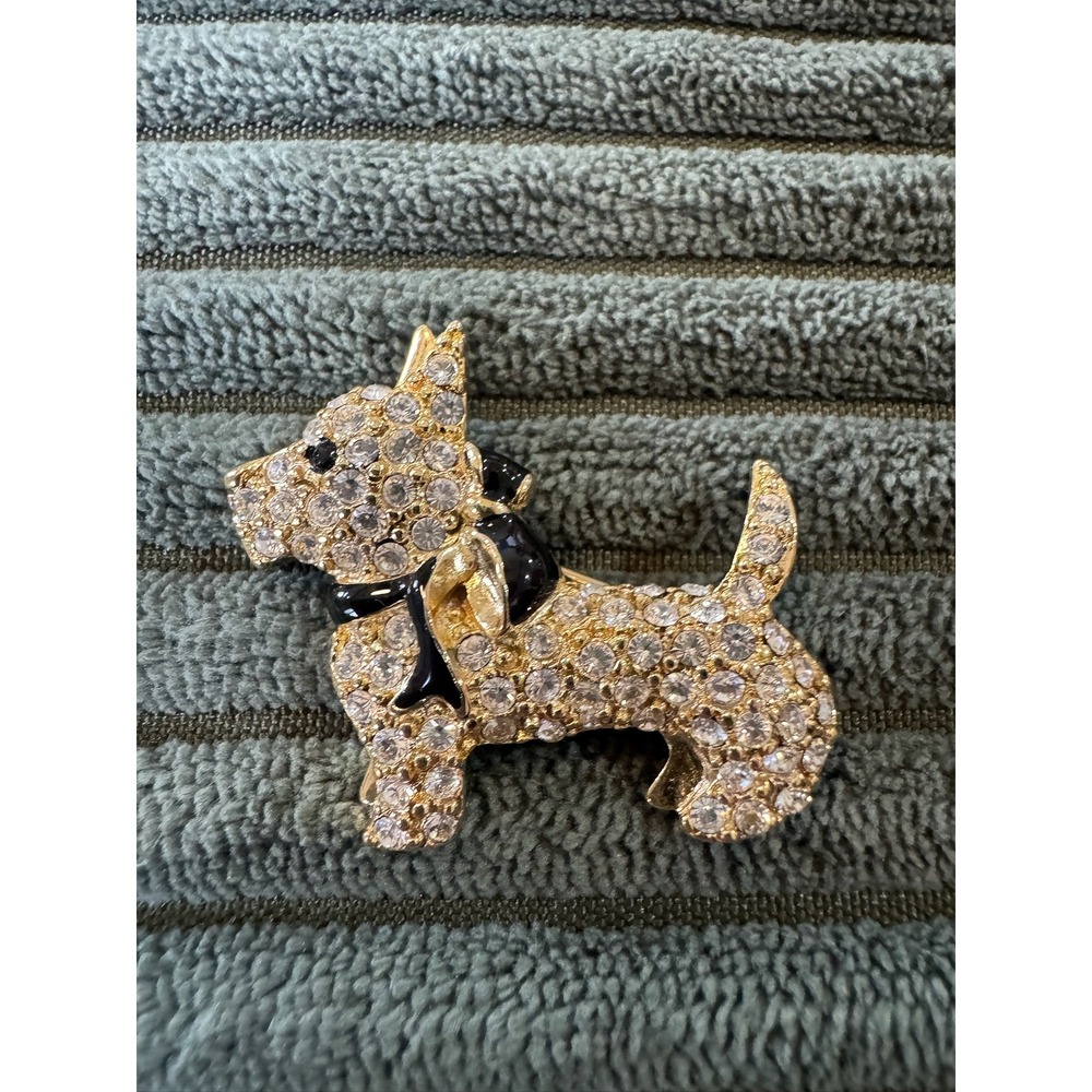Monet Gold Tone Crystal Rhinestone Dog Puppy Scottie Bow Brooch Pin